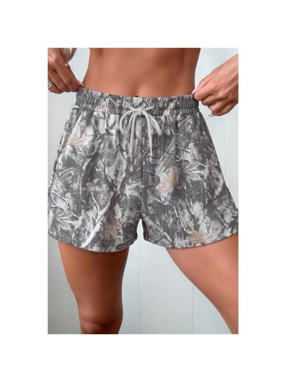 Abstract Maple Leaf Printed Tie Elastic Waist Shorts
